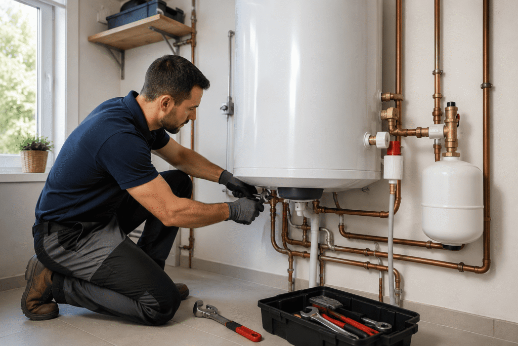 technicien qui répare un chauffe eau